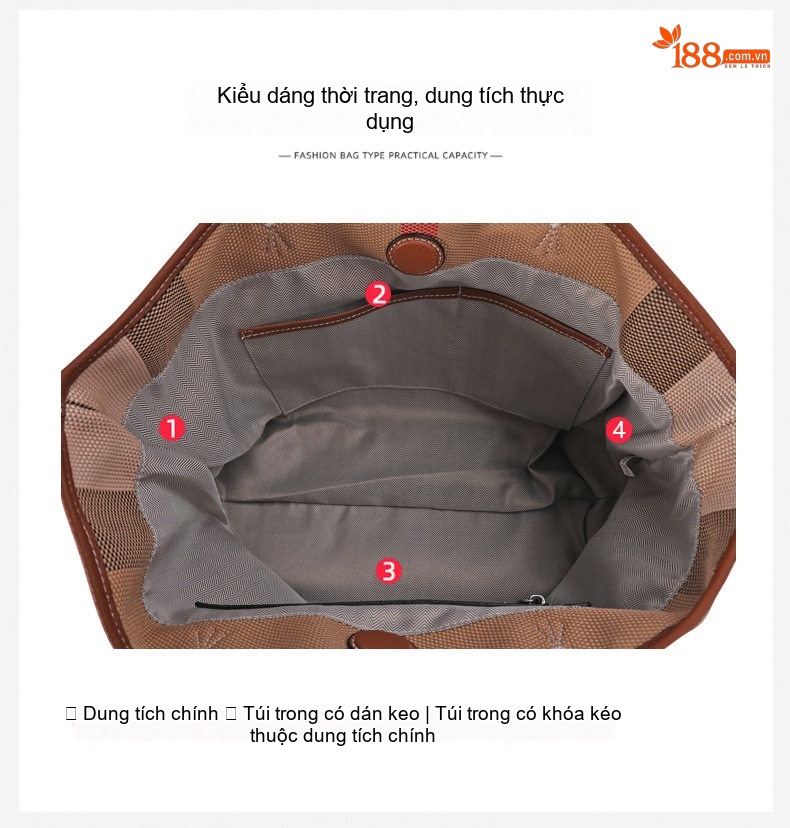 Túi Tote Nữ Vải Canvas Da Bò Nguyên Lớp Họa Tiết Kẻ Ô Lớn Thời Trang chi tiết 7