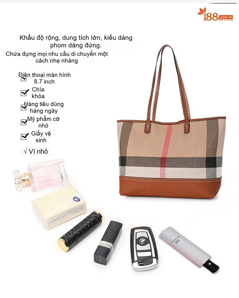 Túi Tote Nữ Vải Canvas Da Bò Nguyên Lớp Họa Tiết Kẻ Ô Lớn Thời Trang chi tiết 8