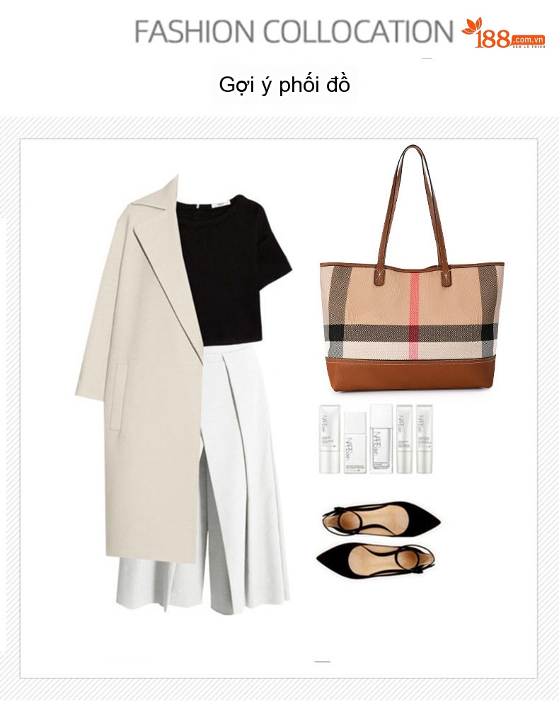 Túi Tote Nữ Vải Canvas Da Bò Nguyên Lớp Họa Tiết Kẻ Ô Lớn Thời Trang chi tiết 10