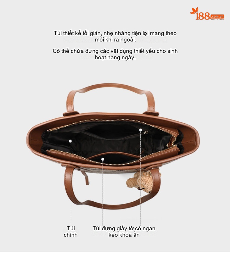 Túi Tote Nữ Vải Canvas Đeo Vai Cỡ Lớn Phong Cách Cổ Điển Màu Nâu, Kem chi tiết 6