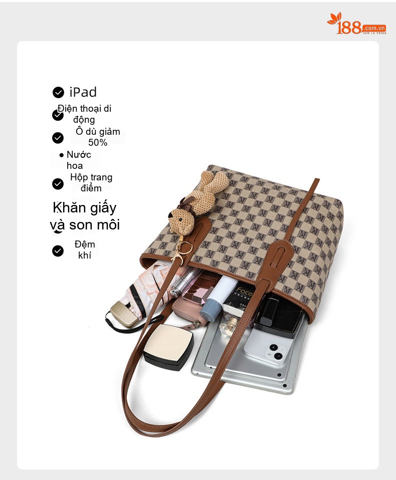 Túi Tote Nữ Vải Canvas Đeo Vai Cỡ Lớn Phong Cách Cổ Điển Màu Nâu, Kem chi tiết 7