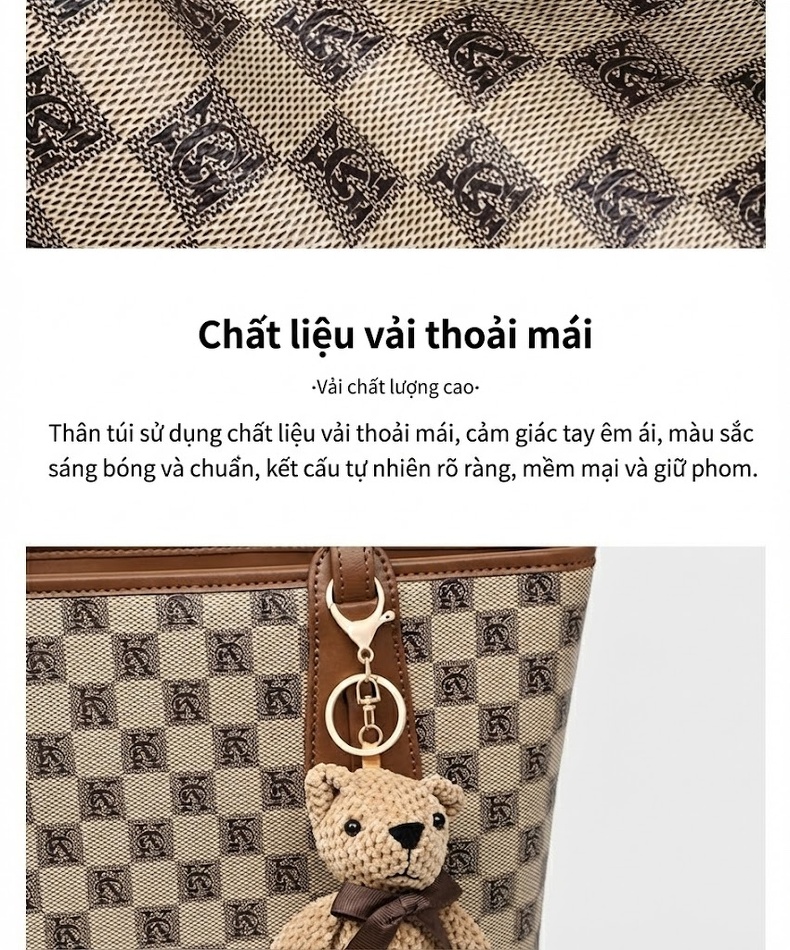 Túi Tote Nữ Vải Canvas Đeo Vai Cỡ Lớn Phong Cách Cổ Điển Màu Nâu, Kem chi tiết 10
