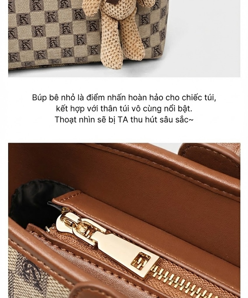 Túi Tote Nữ Vải Canvas Đeo Vai Cỡ Lớn Phong Cách Cổ Điển Màu Nâu, Kem chi tiết 11