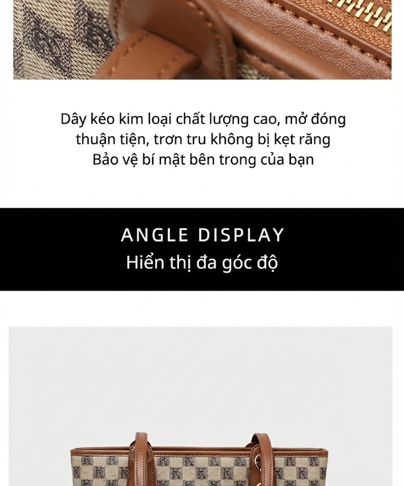 Túi Tote Nữ Vải Canvas Đeo Vai Cỡ Lớn Phong Cách Cổ Điển Màu Nâu, Kem chi tiết 12