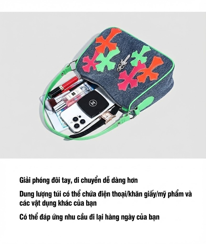 Túi Tote Nữ Vải Canvas Đeo Vai Dáng Kẹp Nách Họa Tiết Chữ Thập Màu Xanh Lá, Hồng, Cam chi tiết 3