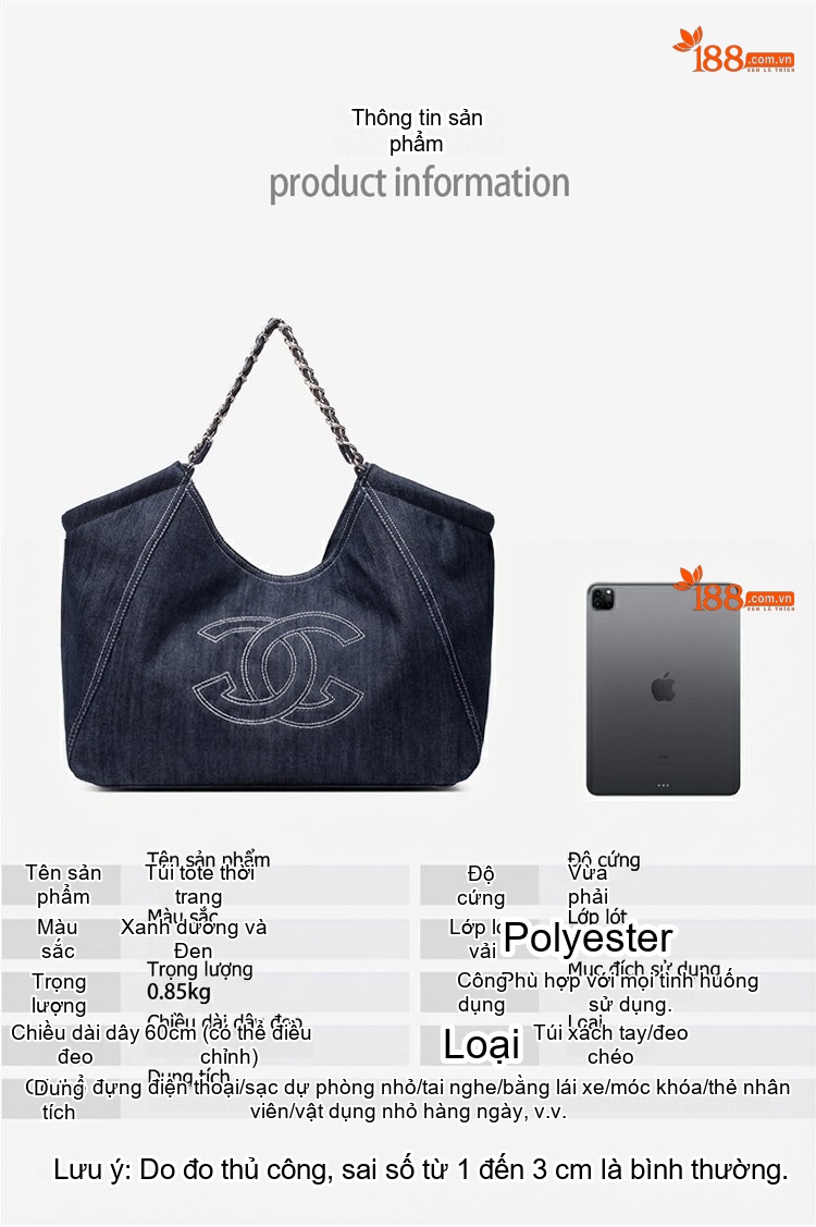 Túi Tote Nữ Vải Canvas Đeo Vai Thiết Kế Độc Đáo Màu Xanh Dương, Xám chi tiết 4