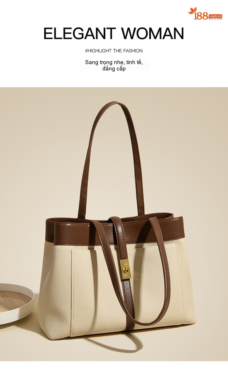 Túi Tote Nữ Vải Canvas Lớn Đựng Tài Liệu Đi Làm Họa Tiết Màu Kem, Nâu, Đen chi tiết 1