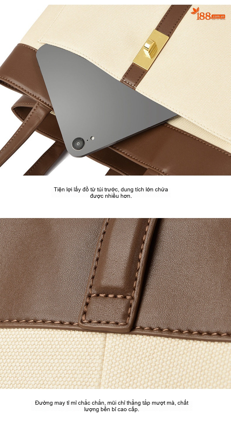 Túi Tote Nữ Vải Canvas Lớn Đựng Tài Liệu Đi Làm Họa Tiết Màu Kem, Nâu, Đen chi tiết 8
