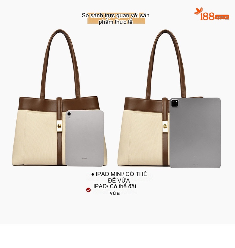 Túi Tote Nữ Vải Canvas Lớn Đựng Tài Liệu Đi Làm Họa Tiết Màu Kem, Nâu, Đen chi tiết 9