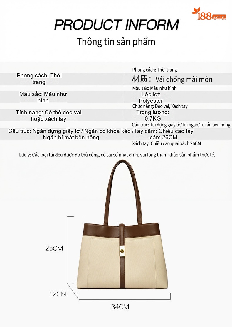 Túi Tote Nữ Vải Canvas Lớn Đựng Tài Liệu Đi Làm Họa Tiết Màu Kem, Nâu, Đen chi tiết 3