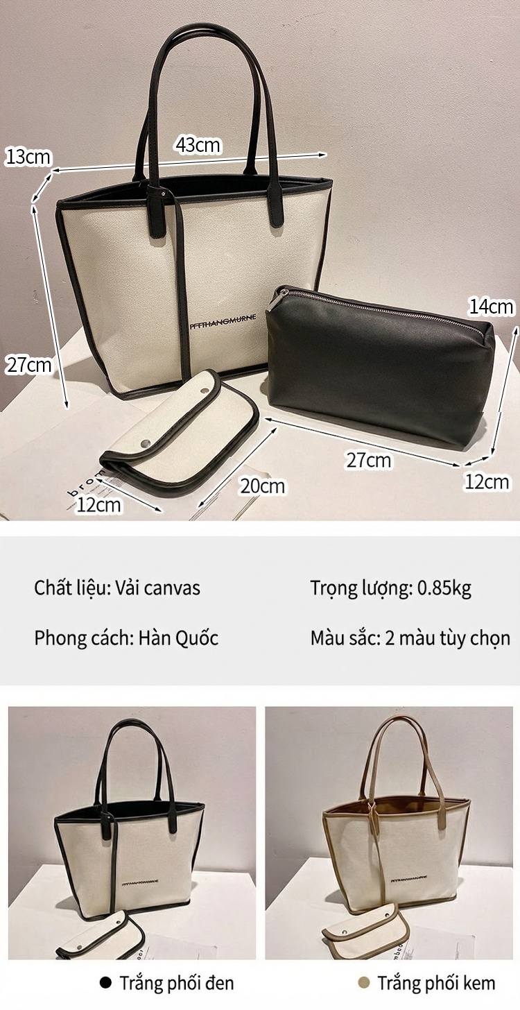 Túi Tote Nữ Vải Canvas Lớn In Chữ Phong Cách Hàn Quốc Màu Trắng Kem, Viền Đen chi tiết 1