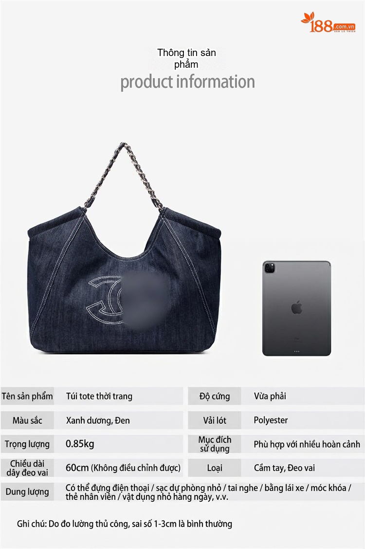 Túi Tote Nữ Vải Canvas Lớn Thiết Kế Độc Đáo Quai Xích Màu Xanh Navy, Xanh Da Trời chi tiết 5