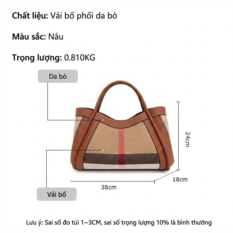 Túi Tote Nữ Vải Canvas Phối Da Bò Họa Tiết Kẻ Ô Vuông Cao Cấp Màu Nâu