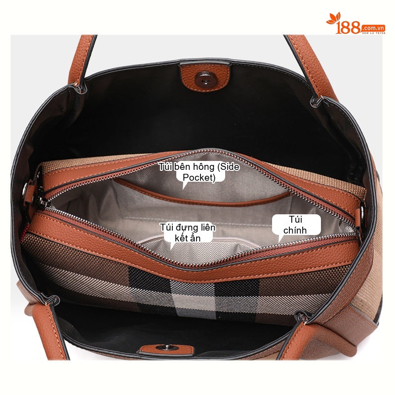 Túi Tote Nữ Vải Canvas Phối Da Bò Họa Tiết Kẻ Ô Vuông Cao Cấp Màu Nâu
