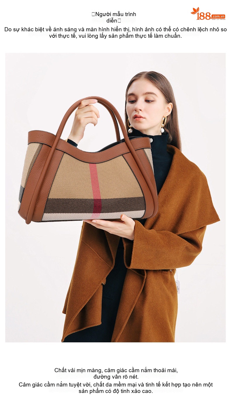 Túi Tote Nữ Vải Canvas Phối Da Bò Họa Tiết Kẻ Ô Vuông Cao Cấp Màu Nâu chi tiết 1