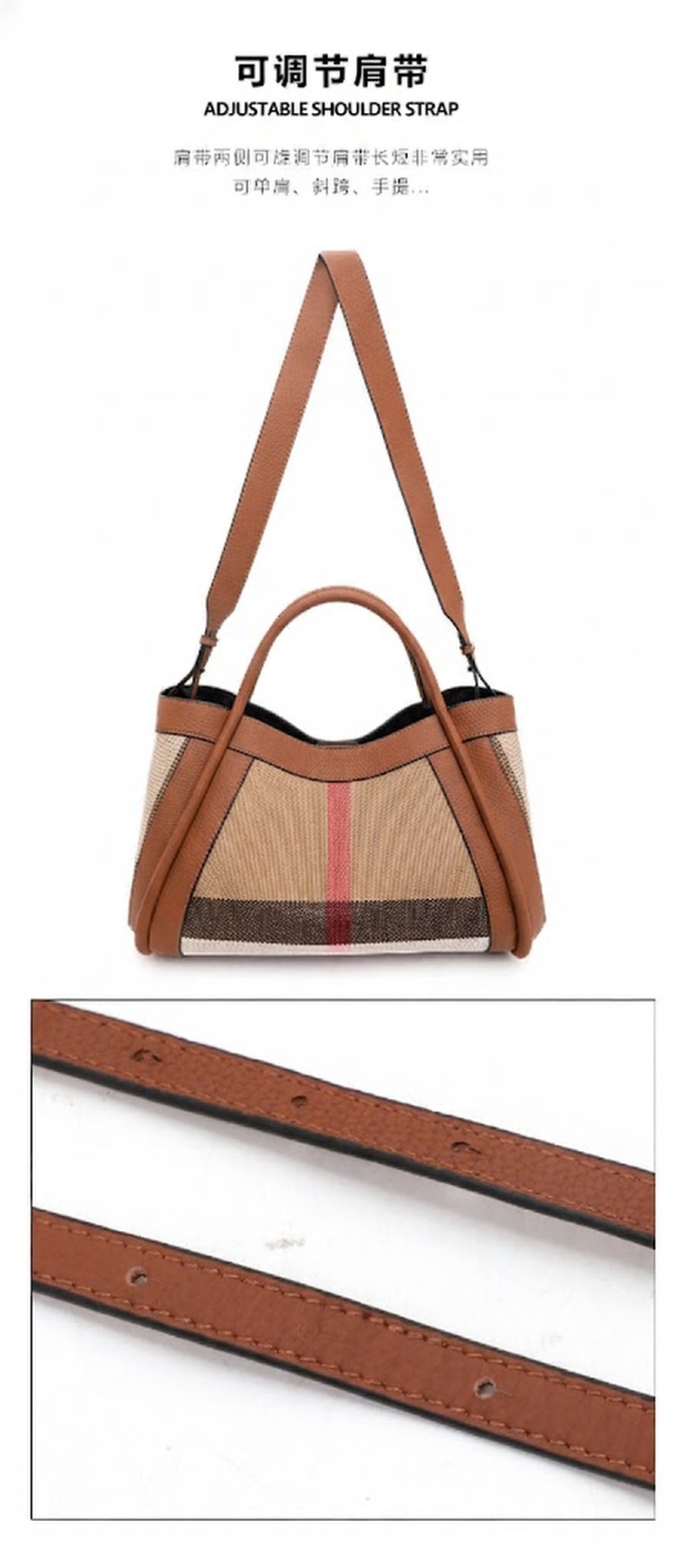 Túi Tote Nữ Vải Canvas Phối Da Bò Họa Tiết Kẻ Ô Vuông Cao Cấp Màu Nâu chi tiết 5