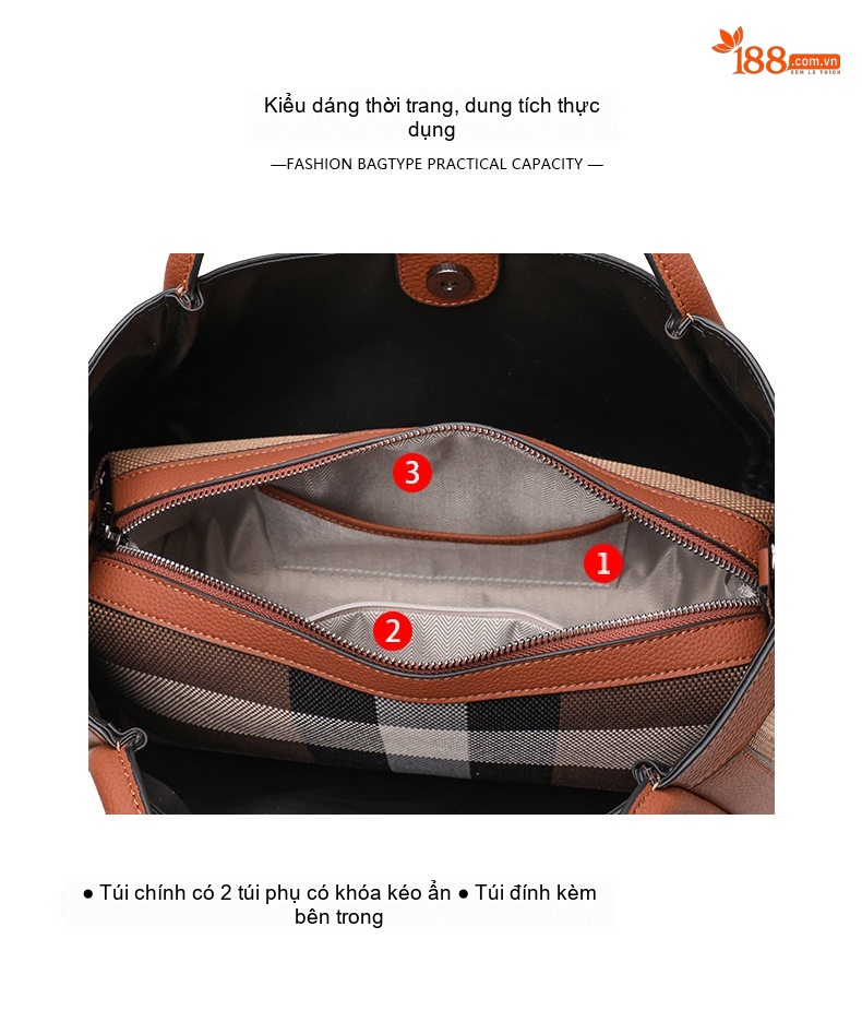 Túi Tote Nữ Vải Canvas Phối Da Bò Họa Tiết Kẻ Ô Vuông Cao Cấp Màu Nâu chi tiết 6