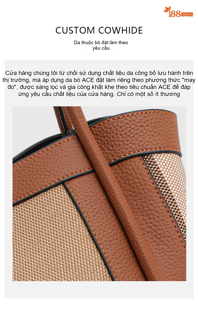 Túi Tote Nữ Vải Canvas Phối Da Bò Họa Tiết Kẻ Ô Vuông Cao Cấp Màu Nâu chi tiết 8