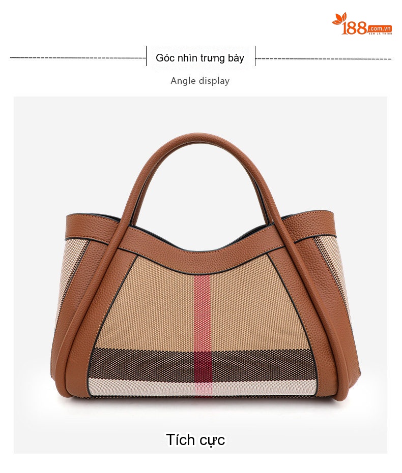Túi Tote Nữ Vải Canvas Phối Da Bò Họa Tiết Kẻ Ô Vuông Cao Cấp Màu Nâu chi tiết 9