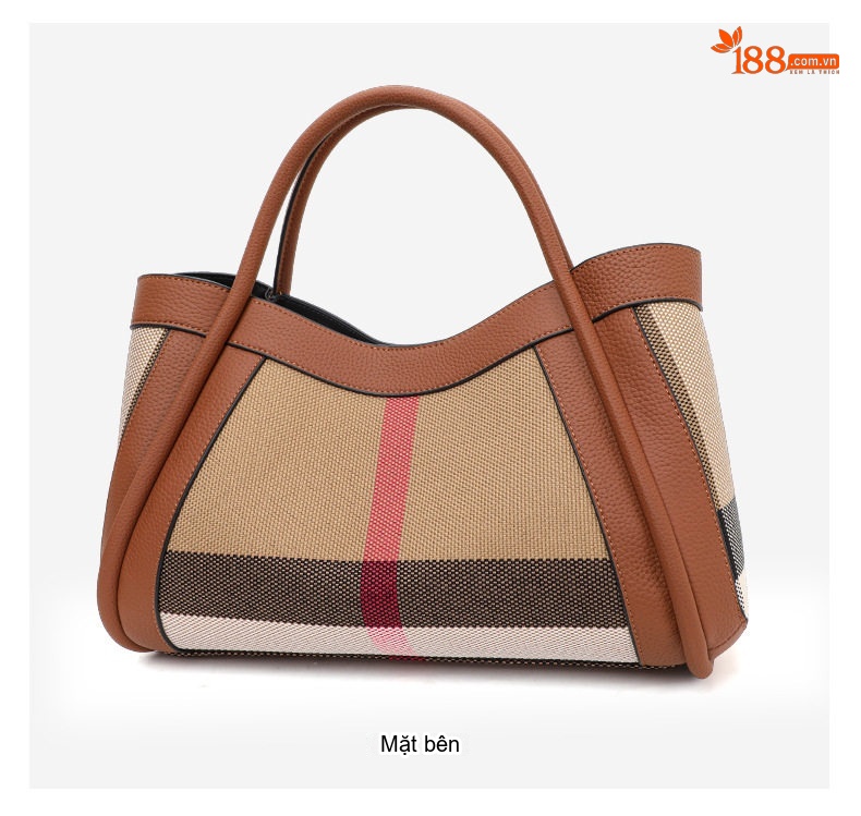 Túi Tote Nữ Vải Canvas Phối Da Bò Họa Tiết Kẻ Ô Vuông Cao Cấp Màu Nâu chi tiết 10