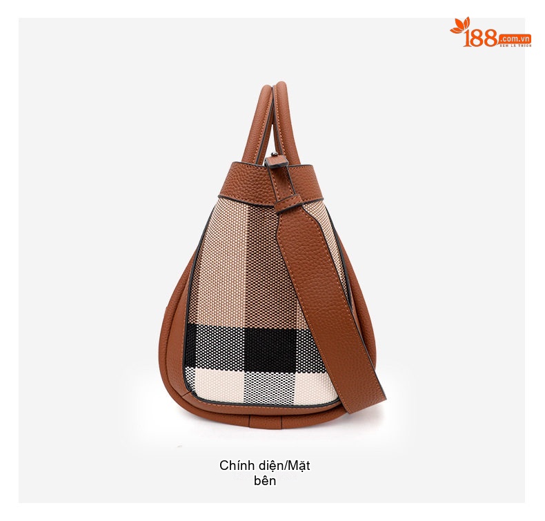 Túi Tote Nữ Vải Canvas Phối Da Bò Họa Tiết Kẻ Ô Vuông Cao Cấp Màu Nâu chi tiết 11