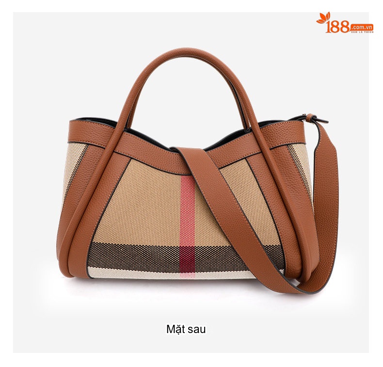 Túi Tote Nữ Vải Canvas Phối Da Bò Họa Tiết Kẻ Ô Vuông Cao Cấp Màu Nâu chi tiết 13