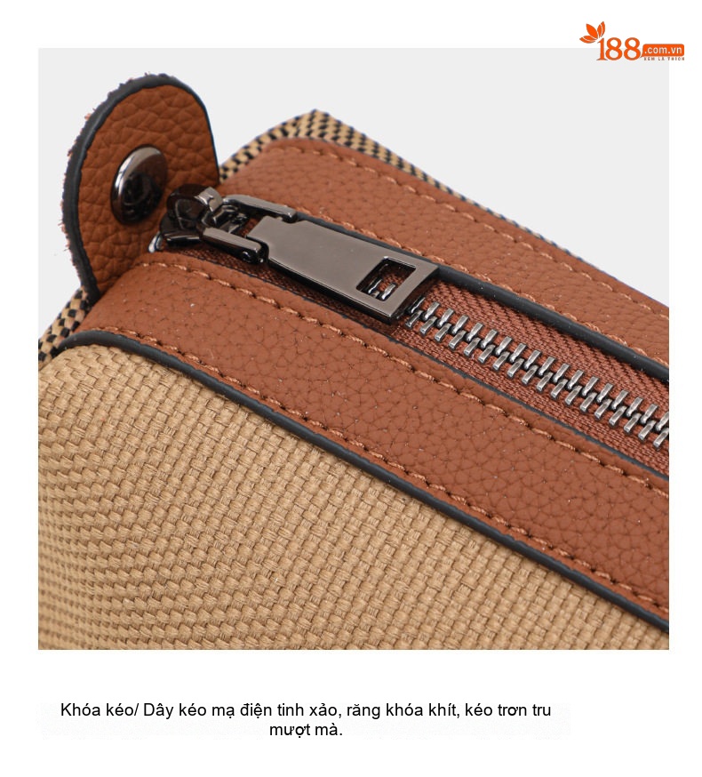 Túi Tote Nữ Vải Canvas Phối Da Bò Họa Tiết Kẻ Ô Vuông Cao Cấp Màu Nâu chi tiết 16