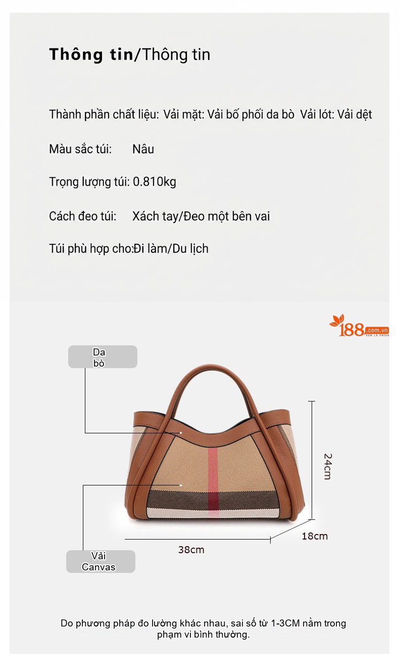 Túi Tote Nữ Vải Canvas Phối Da Bò Họa Tiết Kẻ Ô Vuông Cao Cấp Màu Nâu chi tiết 4