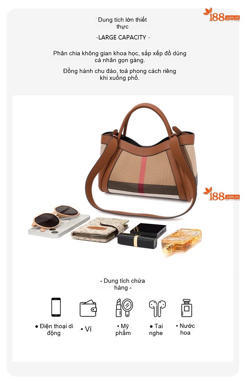 Túi Tote Nữ Vải Canvas Phối Da Bò Họa Tiết Kẻ Ô Vuông Cao Cấp Màu Nâu chi tiết 7
