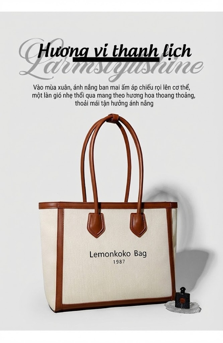 Túi Tote Nữ Vải Canvas Phối Da Đựng Laptop Khổ Lớn Phong Cách Hàn Quốc Màu Trắng Kem, Nâu chi tiết 16