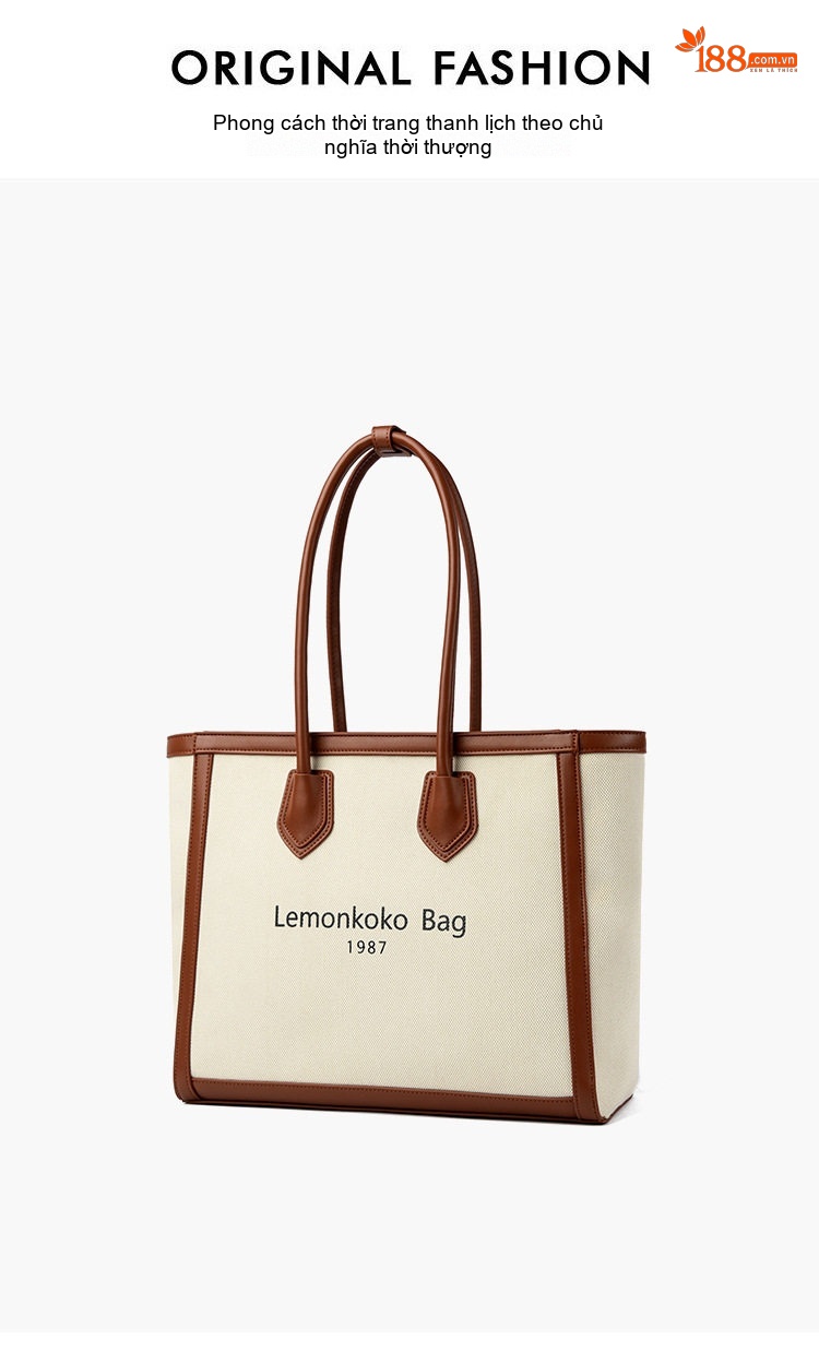 Túi Tote Nữ Vải Canvas Phối Da Đựng Laptop Khổ Lớn Phong Cách Hàn Quốc Màu Trắng Kem, Nâu chi tiết 21