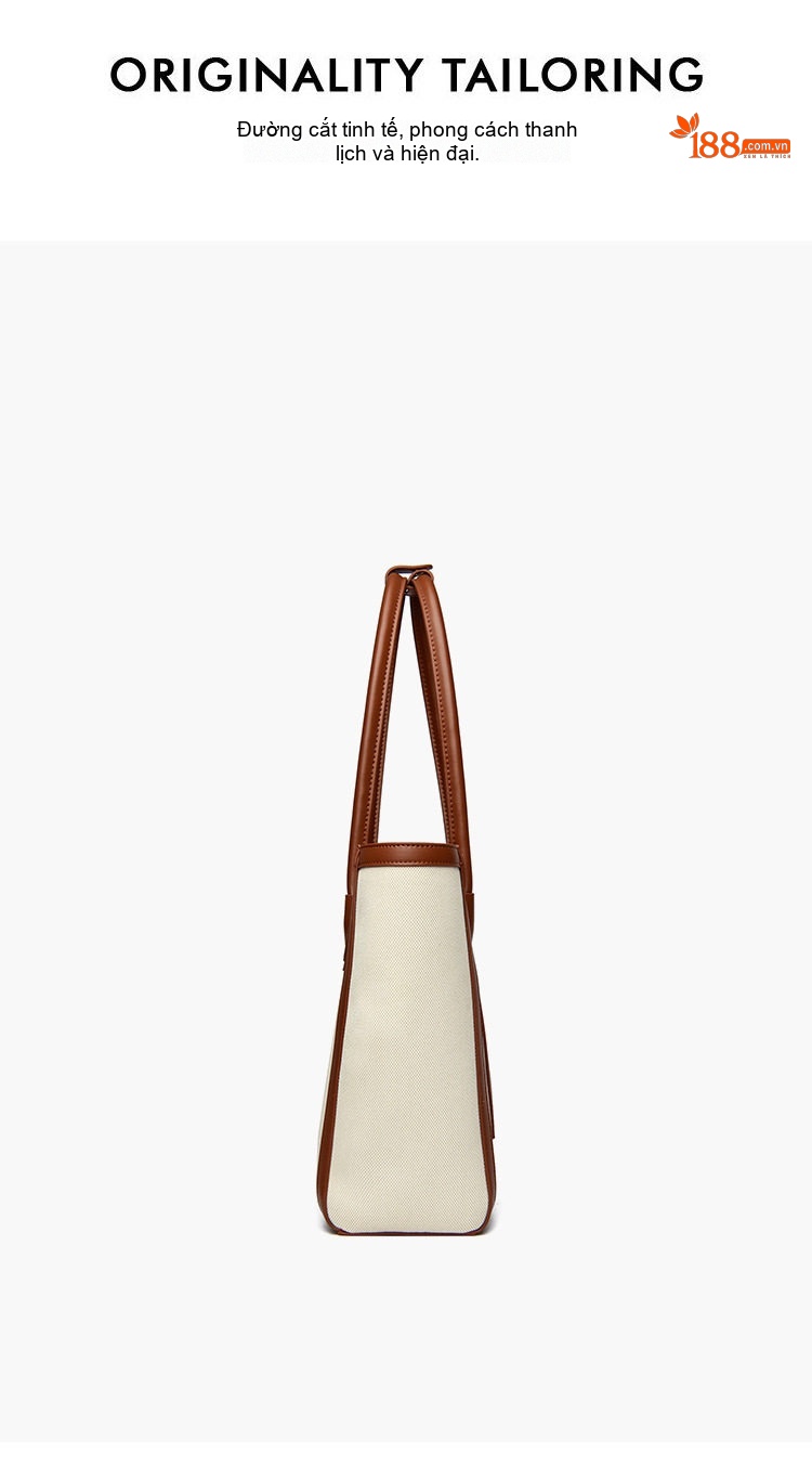 Túi Tote Nữ Vải Canvas Phối Da Đựng Laptop Khổ Lớn Phong Cách Hàn Quốc Màu Trắng Kem, Nâu chi tiết 22