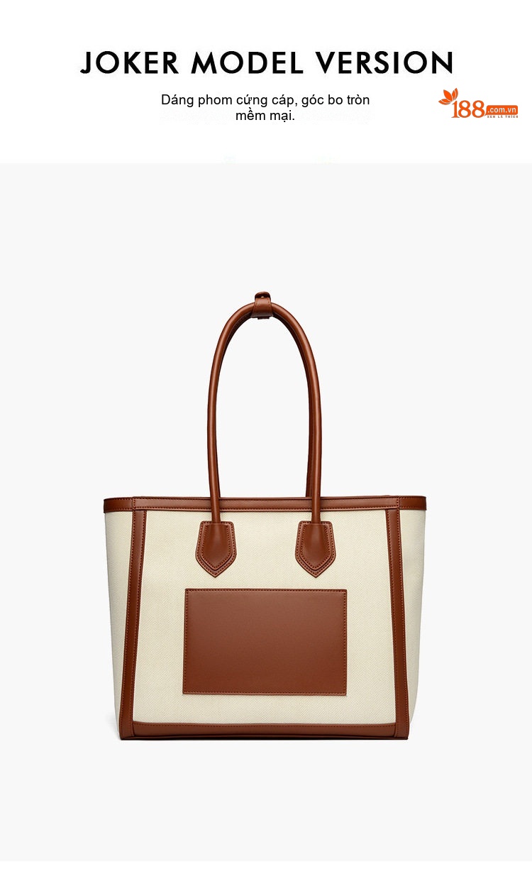 Túi Tote Nữ Vải Canvas Phối Da Đựng Laptop Khổ Lớn Phong Cách Hàn Quốc Màu Trắng Kem, Nâu chi tiết 23
