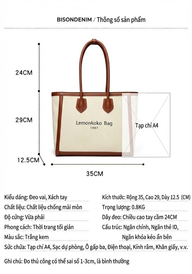 Túi Tote Nữ Vải Canvas Phối Da Đựng Laptop Khổ Lớn Phong Cách Hàn Quốc Màu Trắng Kem, Nâu chi tiết 4