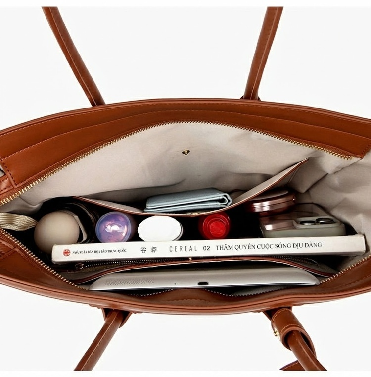 Túi Tote Nữ Vải Canvas Phối Da Đựng Laptop Khổ Lớn Phong Cách Hàn Quốc Màu Trắng Kem, Nâu chi tiết 10