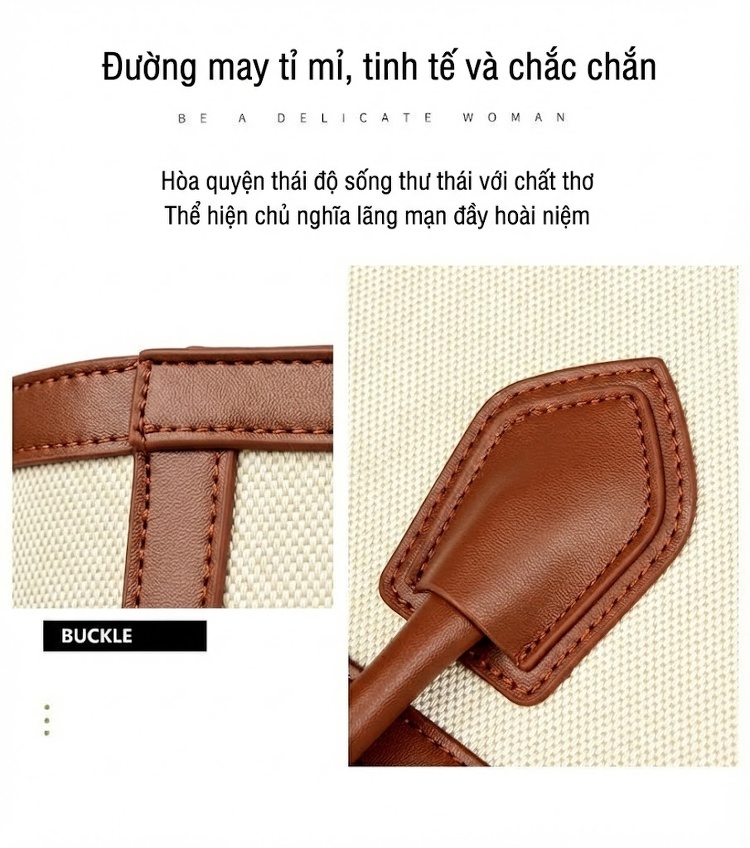 Túi Tote Nữ Vải Canvas Phối Da Đựng Laptop Khổ Lớn Phong Cách Hàn Quốc Màu Trắng Kem, Nâu chi tiết 12