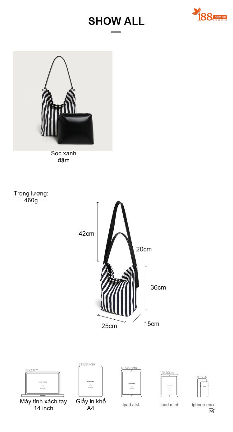 Túi Tote Nữ Vải Canvas Sọc Lớn Sức Chứa Lớn Kèm Túi Nhỏ Đeo Vai Màu Trắng, Đen chi tiết 3