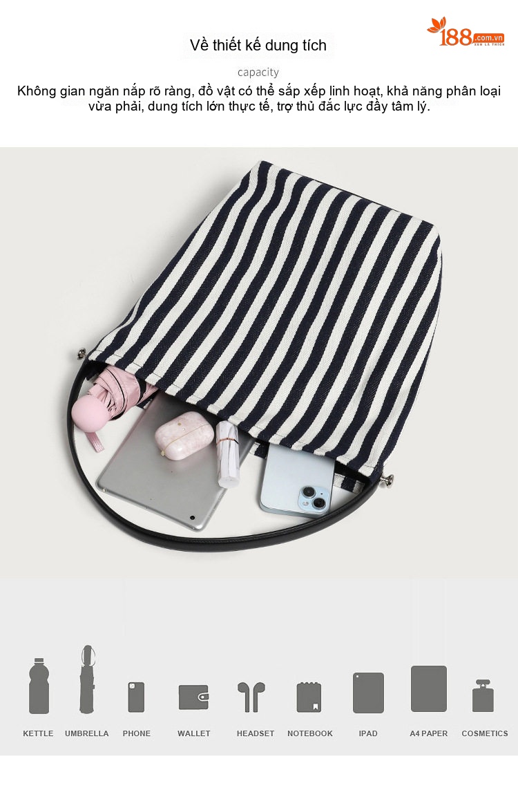 Túi Tote Nữ Vải Canvas Sọc Lớn Sức Chứa Lớn Kèm Túi Nhỏ Đeo Vai Màu Trắng, Đen chi tiết 5