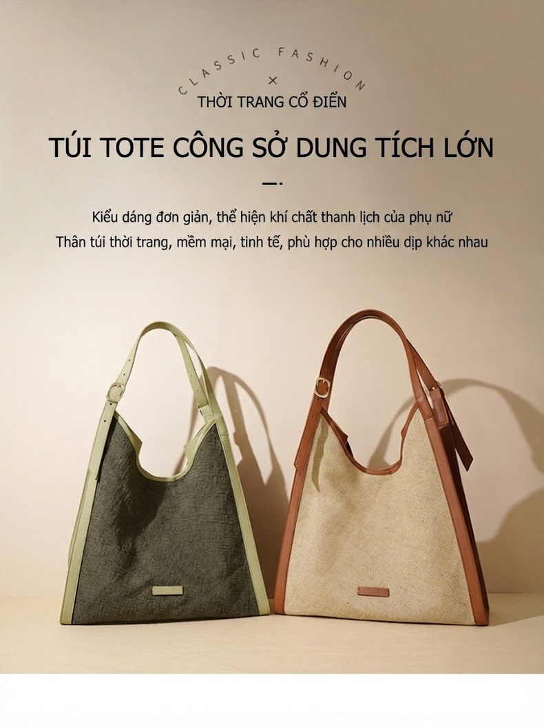 Túi Tote Nữ Vải Cotton Lanh Đeo Vai Phong Cách Tối Giản Màu Be, Xanh chi tiết 1