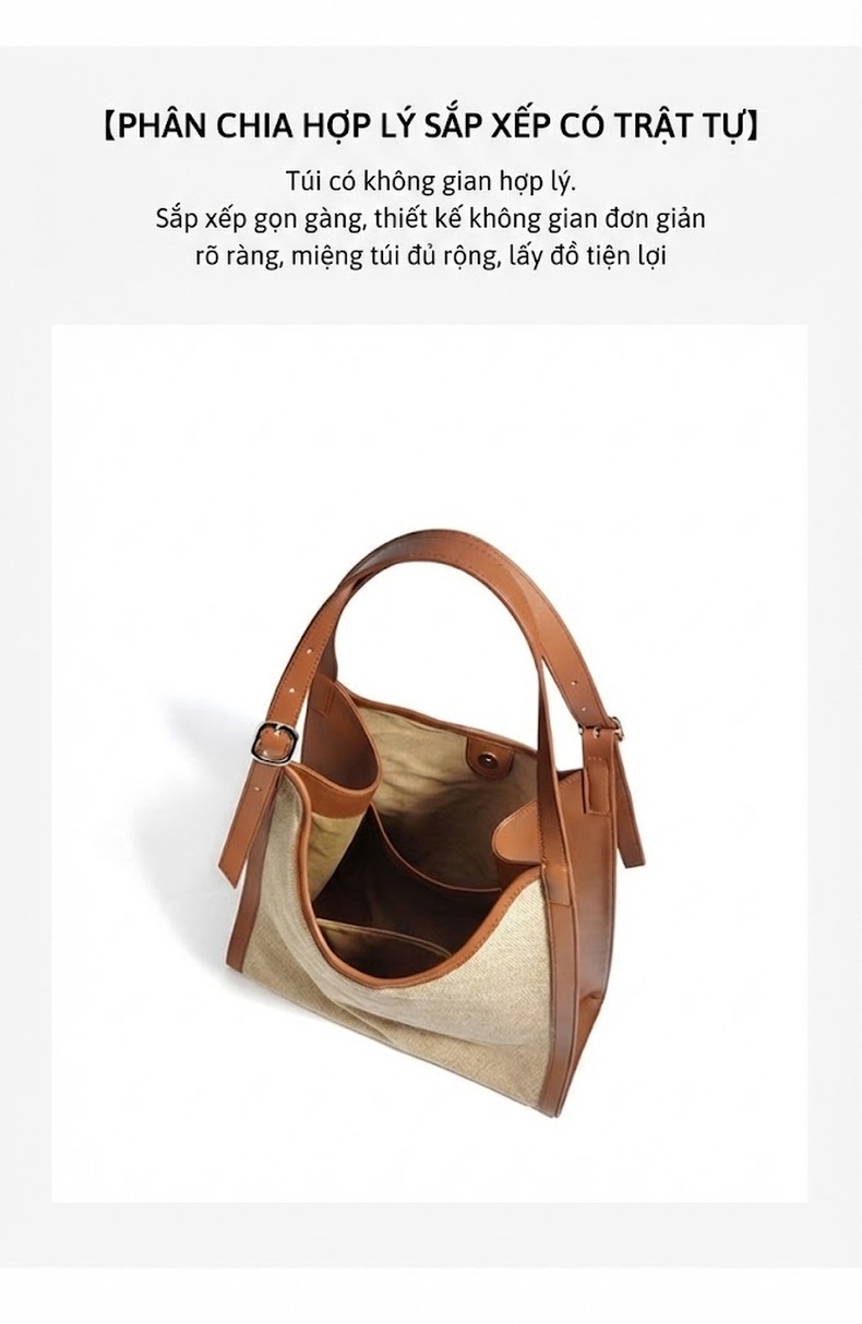 Túi Tote Nữ Vải Cotton Lanh Đeo Vai Phong Cách Tối Giản Màu Be, Xanh chi tiết 8