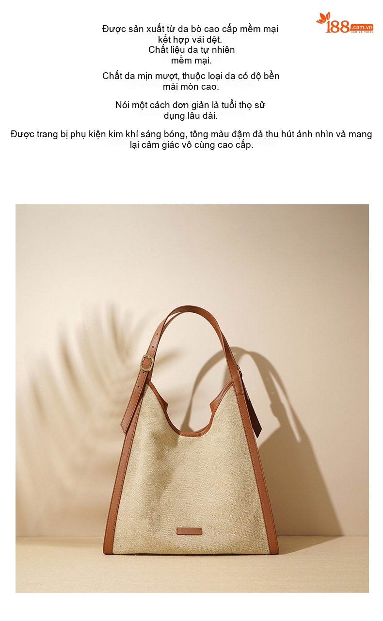 Túi Tote Nữ Vải Cotton Lanh Đeo Vai Phong Cách Tối Giản Màu Be, Xanh chi tiết 2