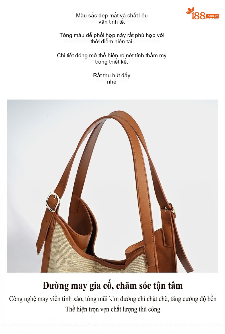 Túi Tote Nữ Vải Cotton Lanh Đeo Vai Phong Cách Tối Giản Màu Be, Xanh chi tiết 10
