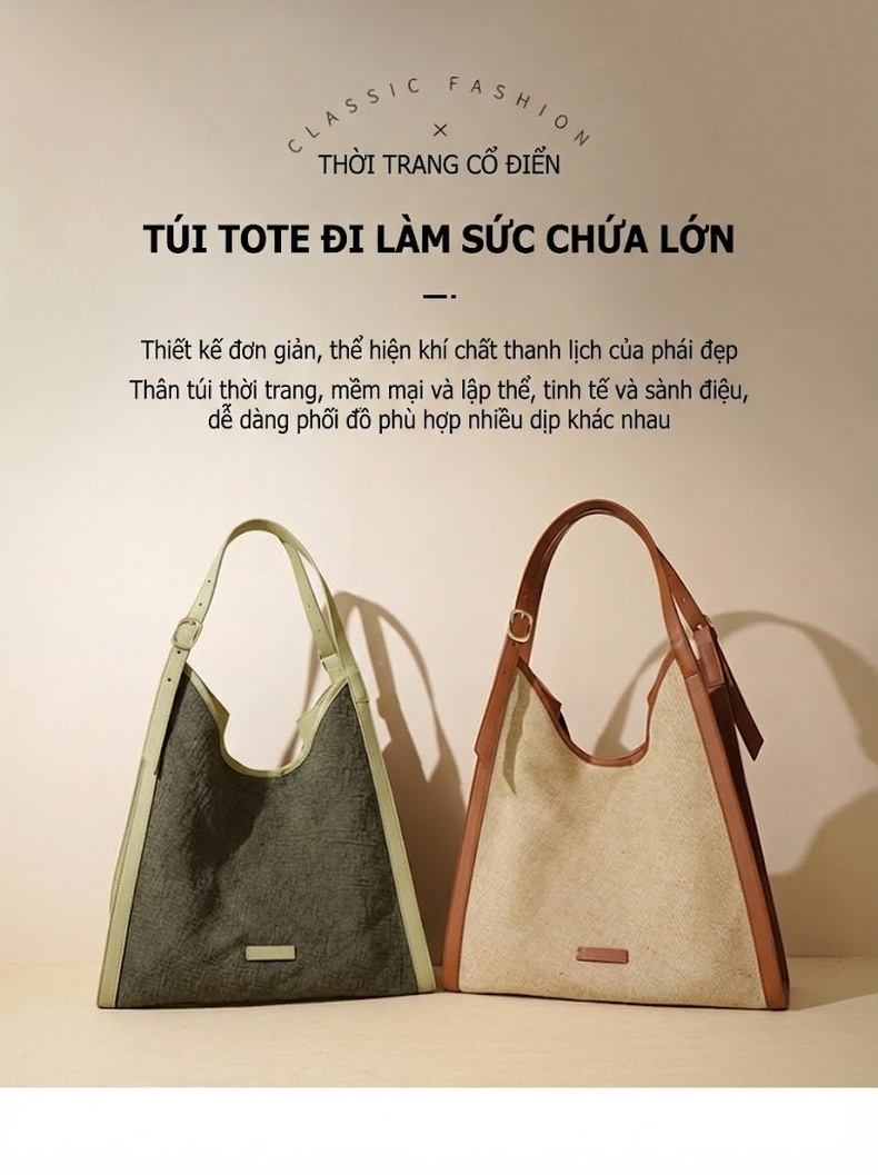 Túi Tote Nữ Vải Cotton Lớn Đựng Vừa A4 Phong Cách Tối Giản Màu Kem, Xanh Olive chi tiết 2