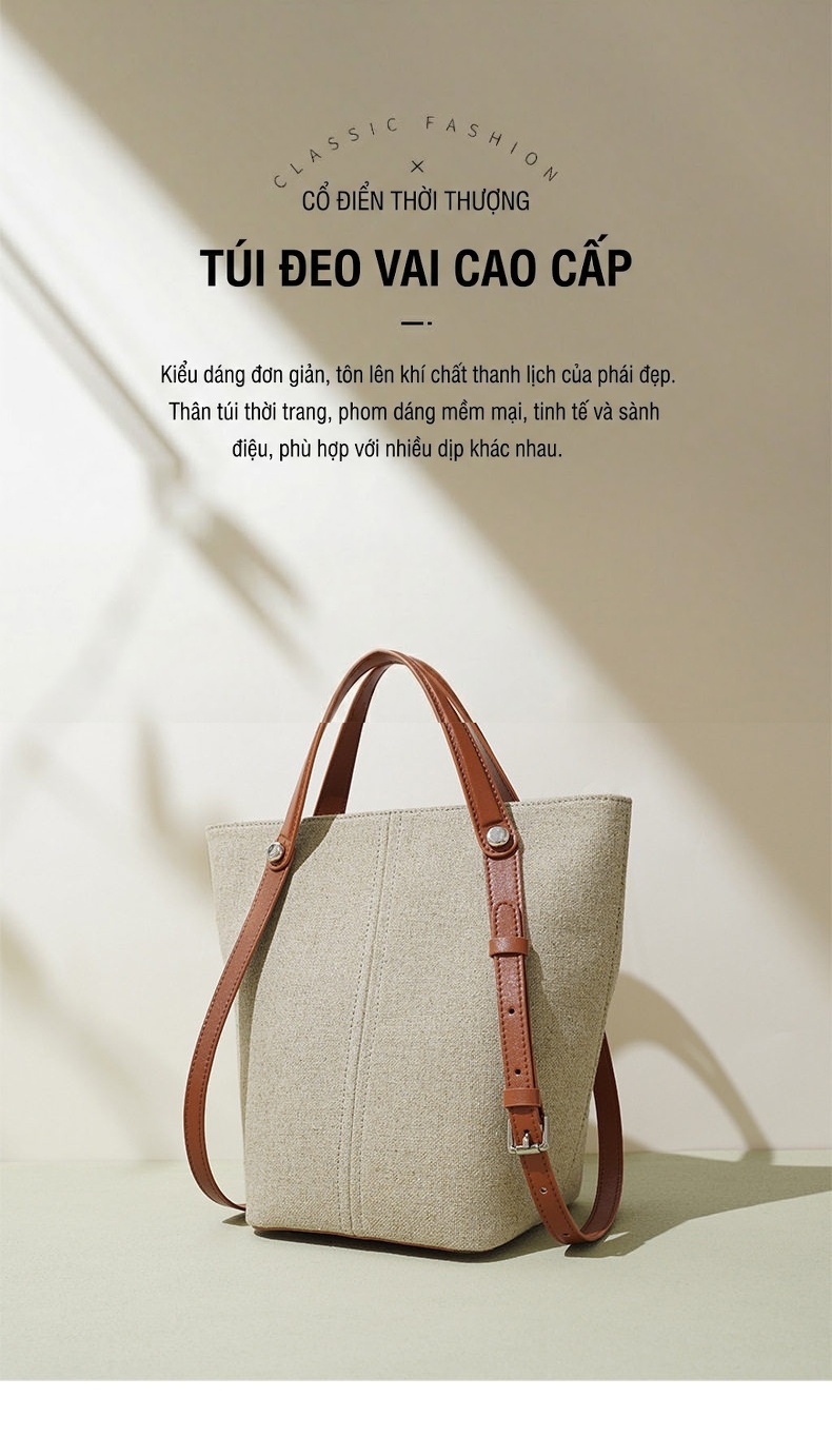 Túi Tote Nữ Vải Dệt Vintage Dung Tích Lớn Đeo Vai Phong Cách Hàn Quốc Màu Be, Nâu chi tiết 1