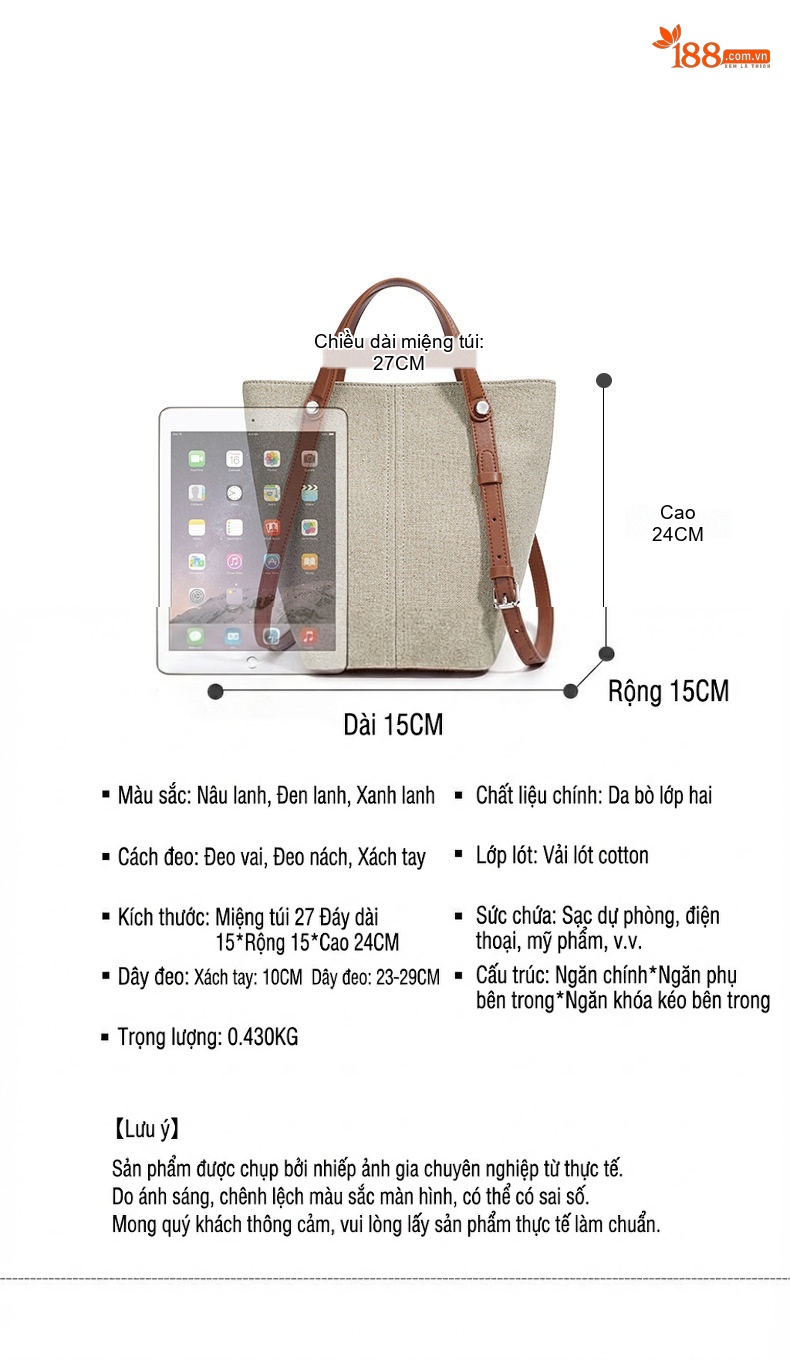 Túi Tote Nữ Vải Dệt Vintage Dung Tích Lớn Đeo Vai Phong Cách Hàn Quốc Màu Be, Nâu chi tiết 7