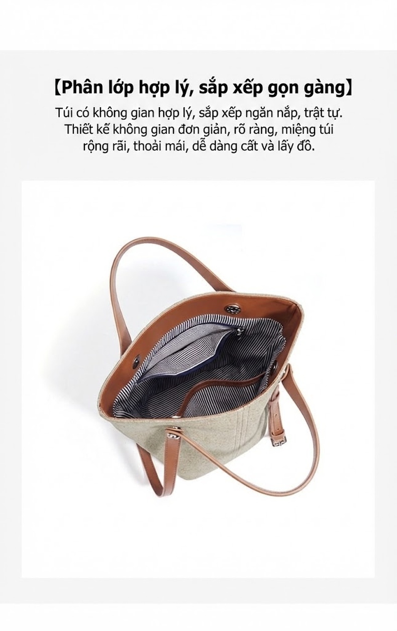 Túi Tote Nữ Vải Dệt Vintage Dung Tích Lớn Đeo Vai Phong Cách Hàn Quốc Màu Be, Nâu chi tiết 8