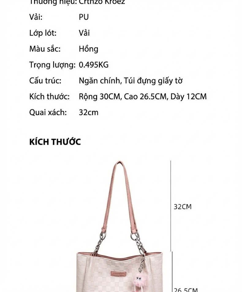 Túi Tote Nữ Vải Họa Tiết Ô Vuông Lớn Đựng Vừa A4, Túi Xách Tay, Túi Đeo Vai Đi Học, Đi Làm Màu Trắng Ngà chi tiết 4