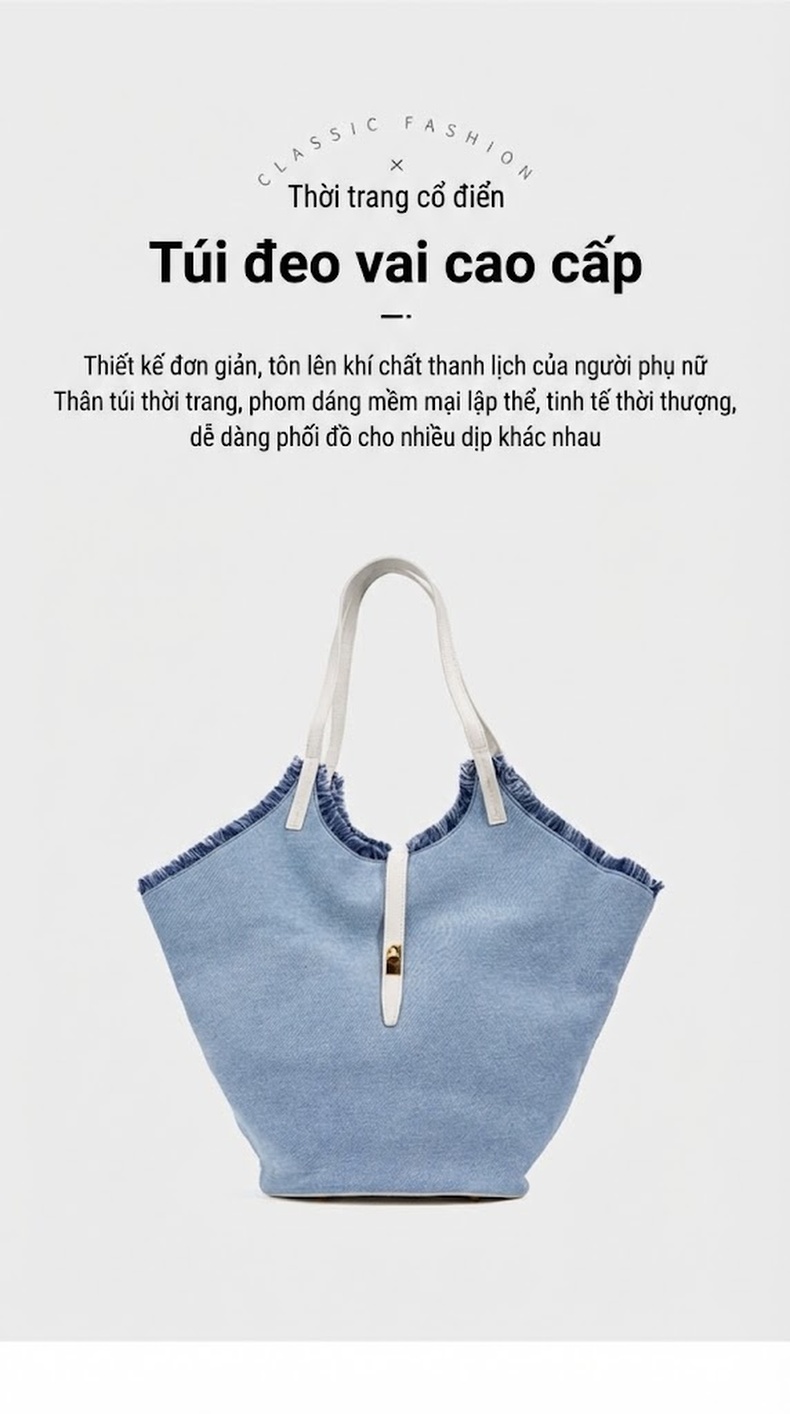 Túi Tote Nữ Vải Jean Đeo Vai Đựng Đồ Lớn Thiết Kế Tua Rua chi tiết 1