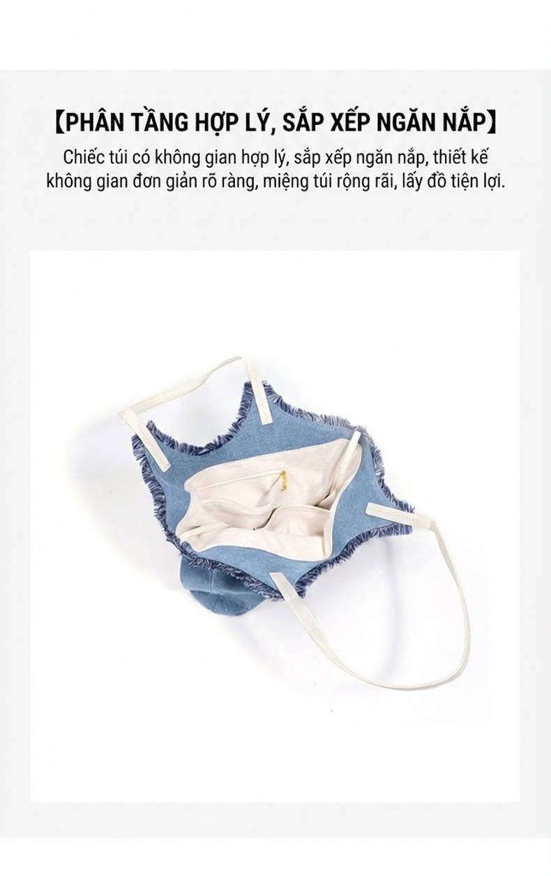 Túi Tote Nữ Vải Jean Đeo Vai Đựng Đồ Lớn Thiết Kế Tua Rua chi tiết 6