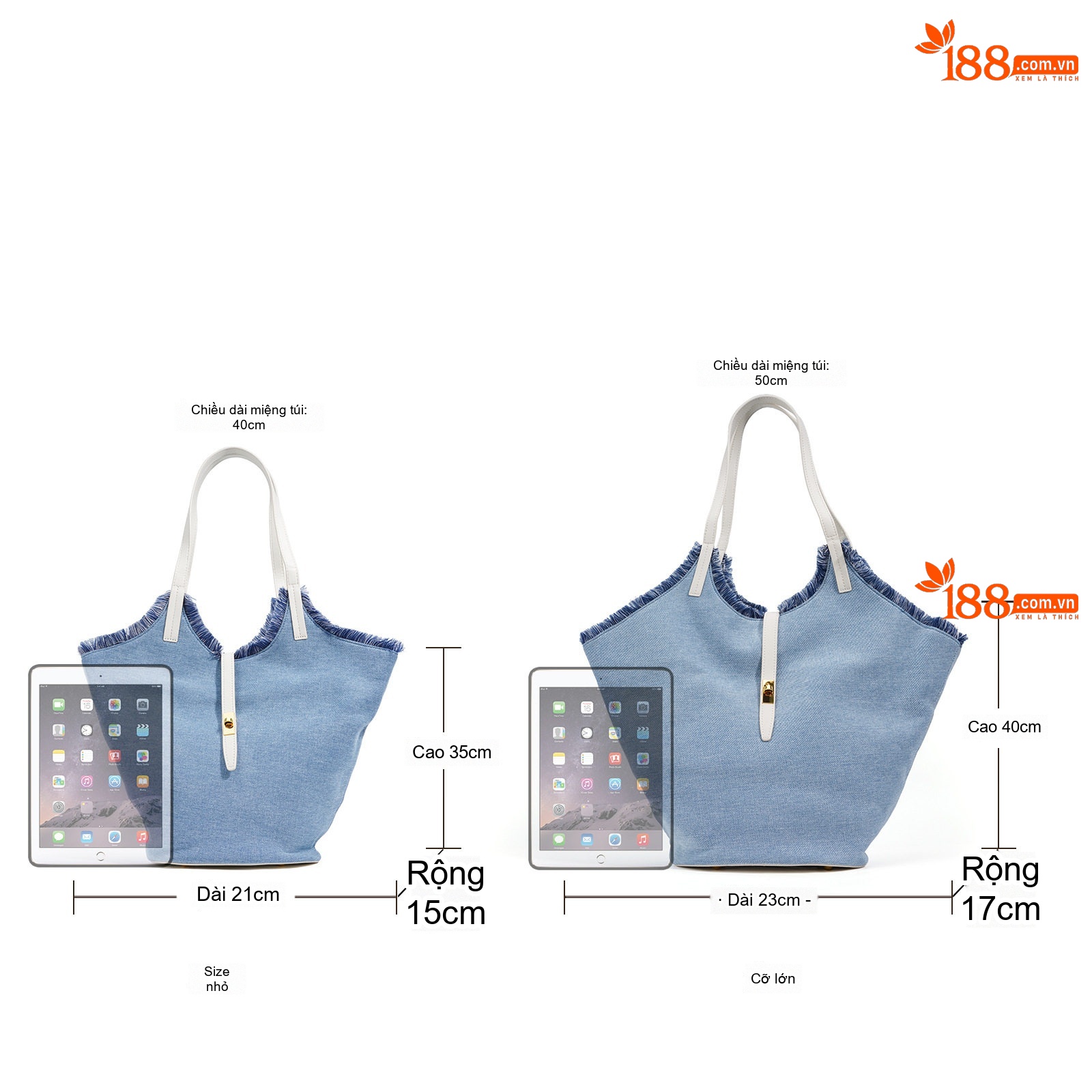 Túi Tote Nữ Vải Jean Đeo Vai Đựng Đồ Lớn Thiết Kế Tua Rua